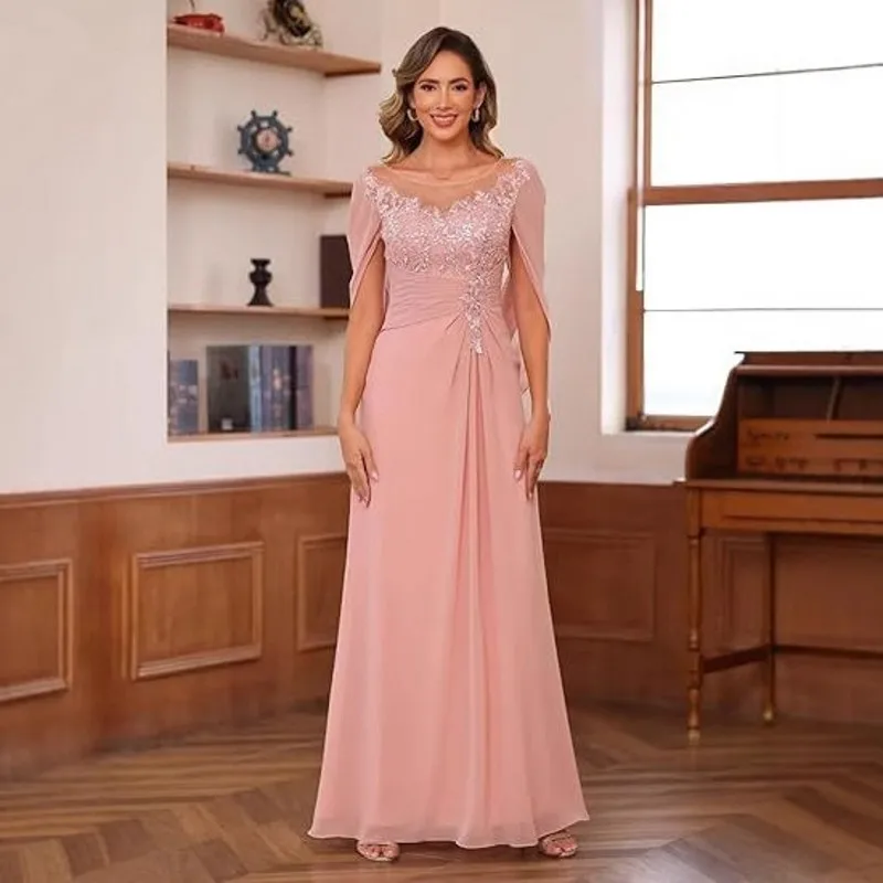

2025 Elegant Pink Chiffon Mother of The Bride Dress Cap Sleeves Scoop Beading Applique A Line Wedding Guest Gown Plus Size