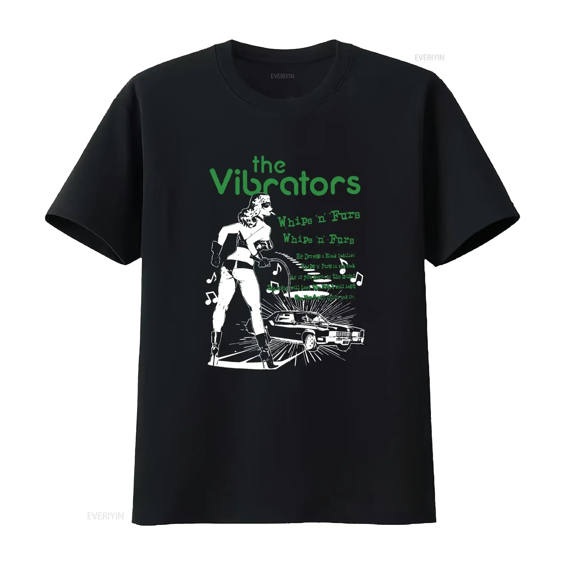 Herren-T-Shirt der lizenzierten Rock'n'Roll-Band The Vibrators mit Whips n Furs-Motiv, neu, schwarz, Retro-Musik-Auto-Design, Vintage-Waschung, lässig, grafisch