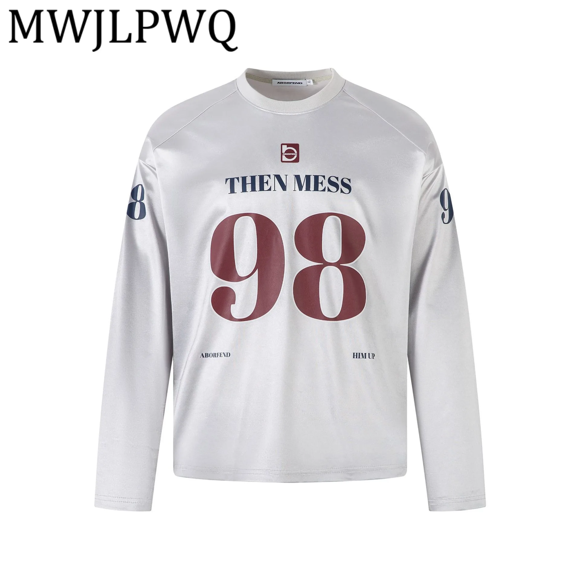 

MWJLPWQ 2025 Осенняя свободная атласная футболка в американском стиле в стиле хип-хоп для мужчин, персонализированные повседневные топы унисекс с длинными рукавами и надписью 21349