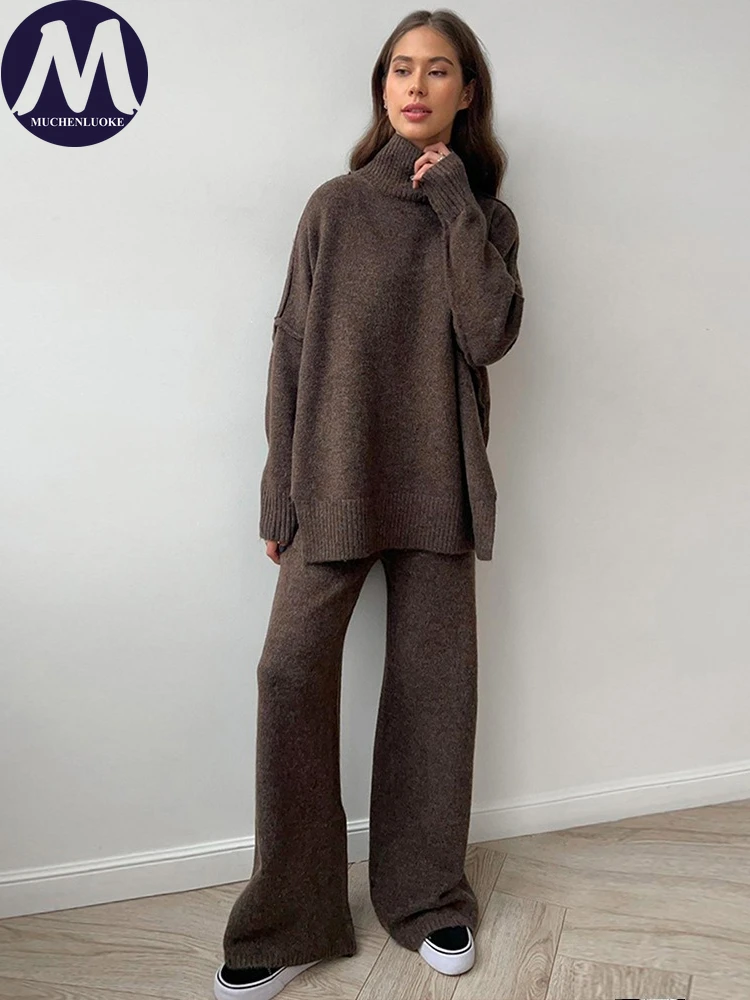 

Комплект из 2 предметов для женщин, осенне-зимний ленивый стиль, вязаный толстый свитер с высоким воротом, модные повседневные свободные комплекты сохраняющих тепло брюк