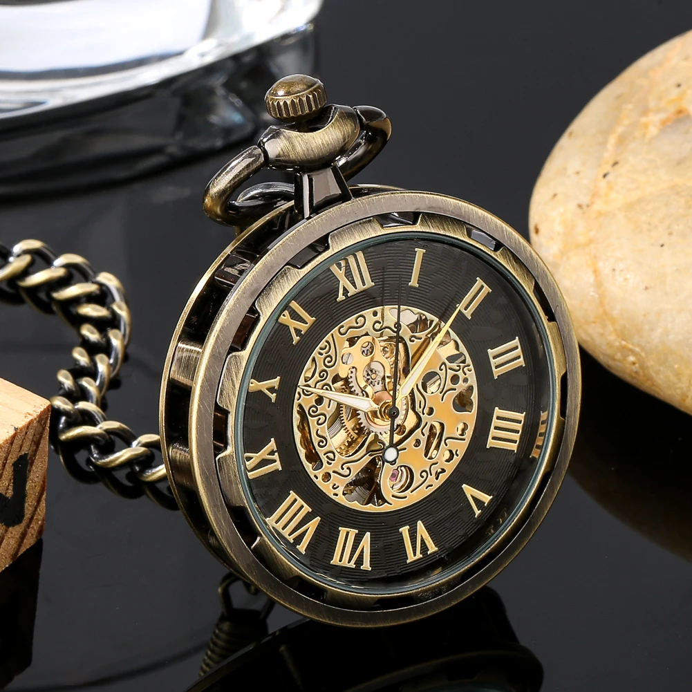 

Hand-Wind Mechanical Pocket Watch Skeleton Roman Numeral Dial Vintage Black/Bronze/Silver Pendant Clock for Men Birthday Gifts