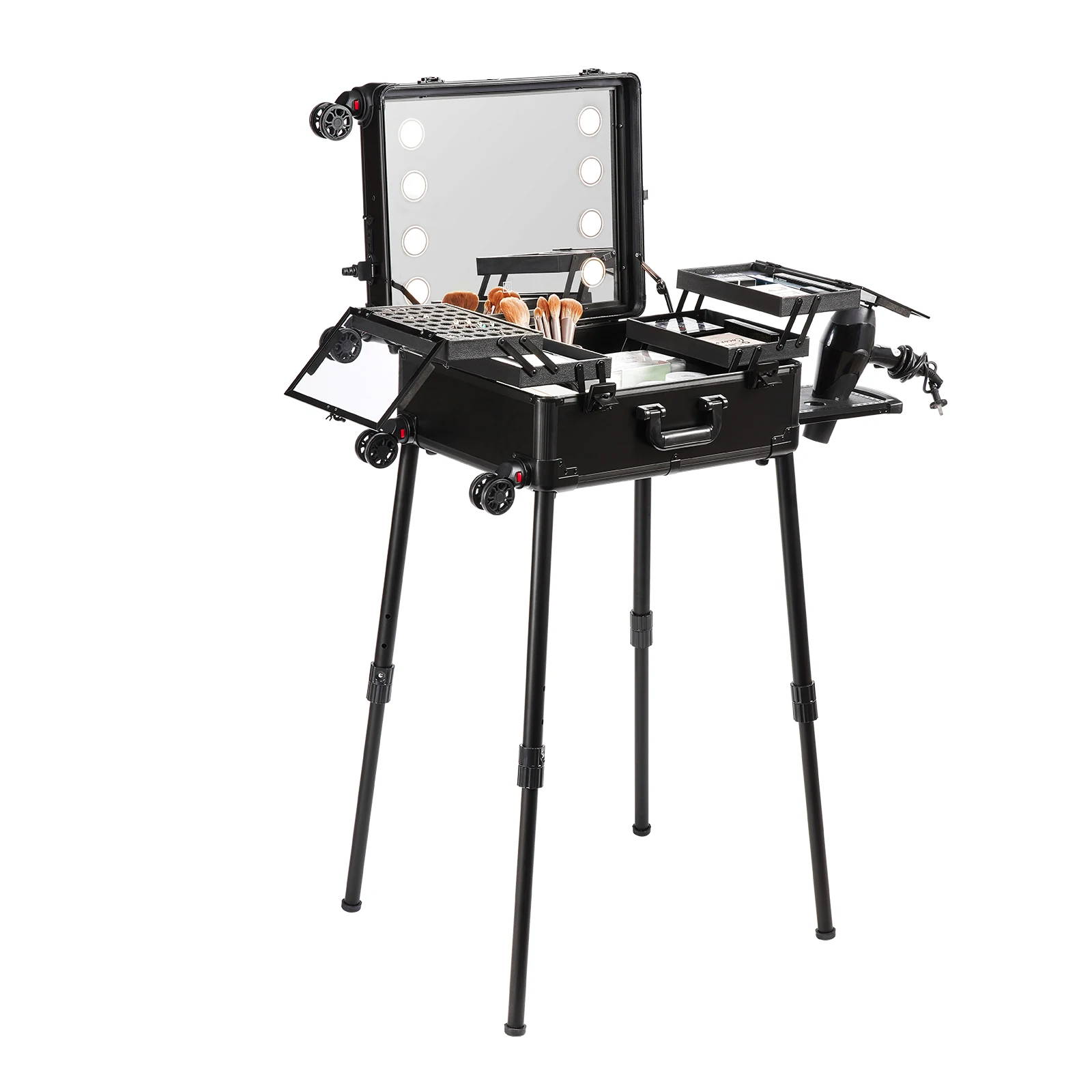 SucceBuy Makeup Train Case with Lock Lighted Mirror 4 Storage Trays Brush Holder Travel Cosmetic Organizer Box w/ Swivel Wheels