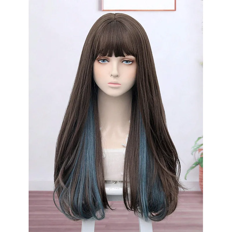 Europese en Amerikaanse pruiken Qi pony lang steil haar pruiken Festival Cosplay dragen hoofddekselpruiken van chemische vezels