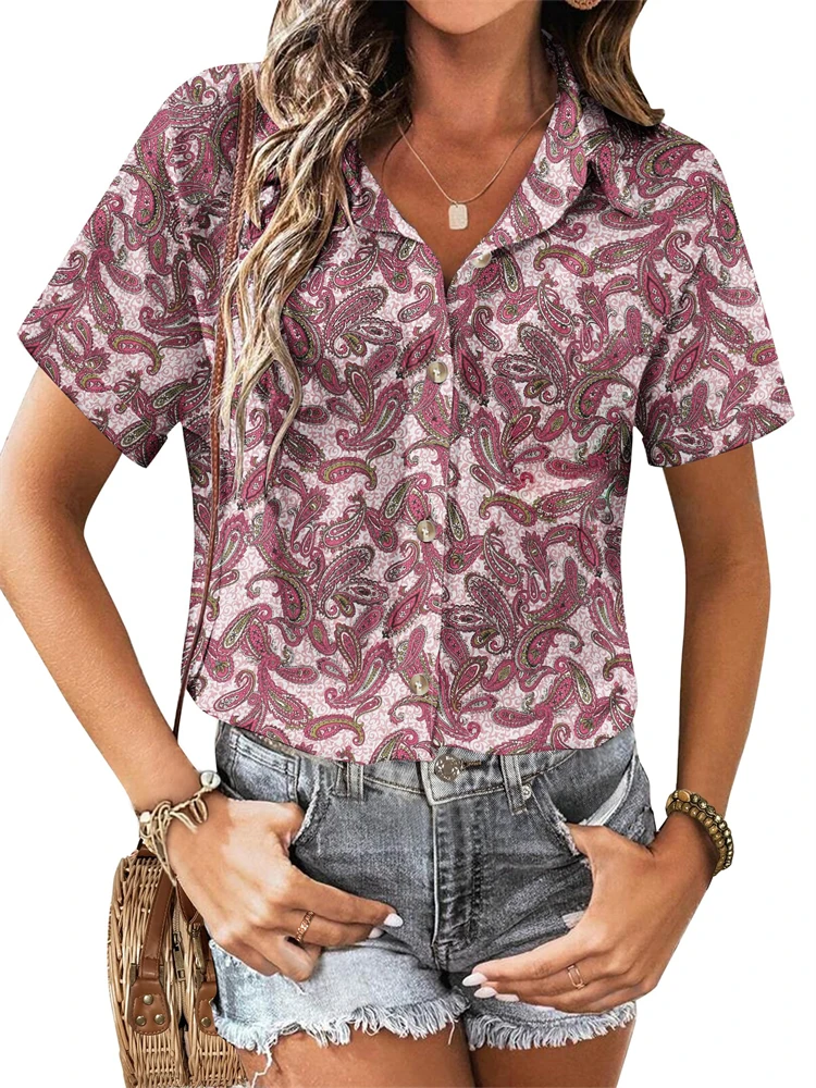 ¡Novedades de verano! Camisa con solapa estampada con flor de anacardo para mujer, camisa de manga corta informal de estilo bohemio para mujer