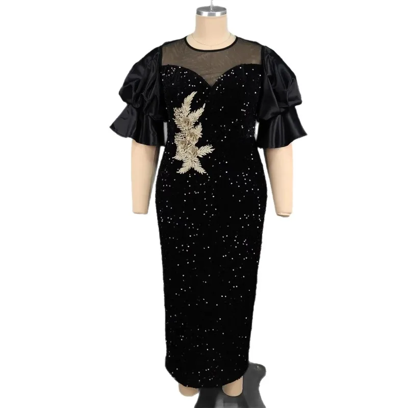 Plus Size Afrikaanse Jurken voor Vrouwen Lente Zomer Mode Afrikaanse Korte Mouw O-hals Zwarte Pailletten Feestavond Lange Jurken