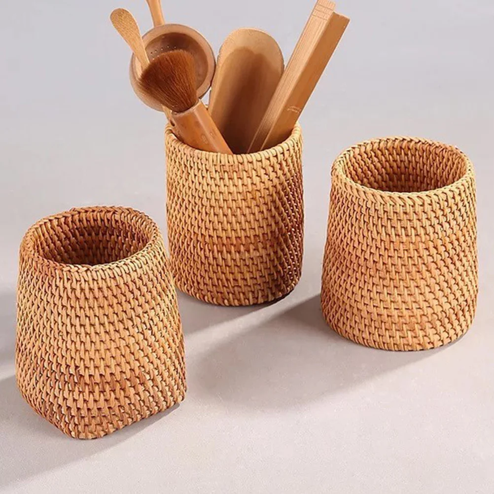 

1pc Rattan Woven Tea Set Basket Handmade Tea Storage Container Multi-Purpose Round Wicker Organizer For Home Office Restaurant