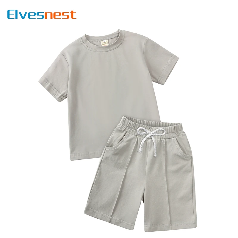 

Модная однотонная детская одежда, наряд для мальчиков, хлопковые топы с длинным рукавом и круглым вырезом, шорты, летние детские комплекты одежды
