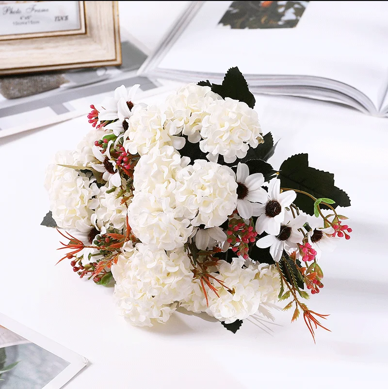 15 Flower Head Artificial Flower Silk Hydrangea White Wedding Small Bouquet Fake Flower Party DIY 5 forks autumn decoration