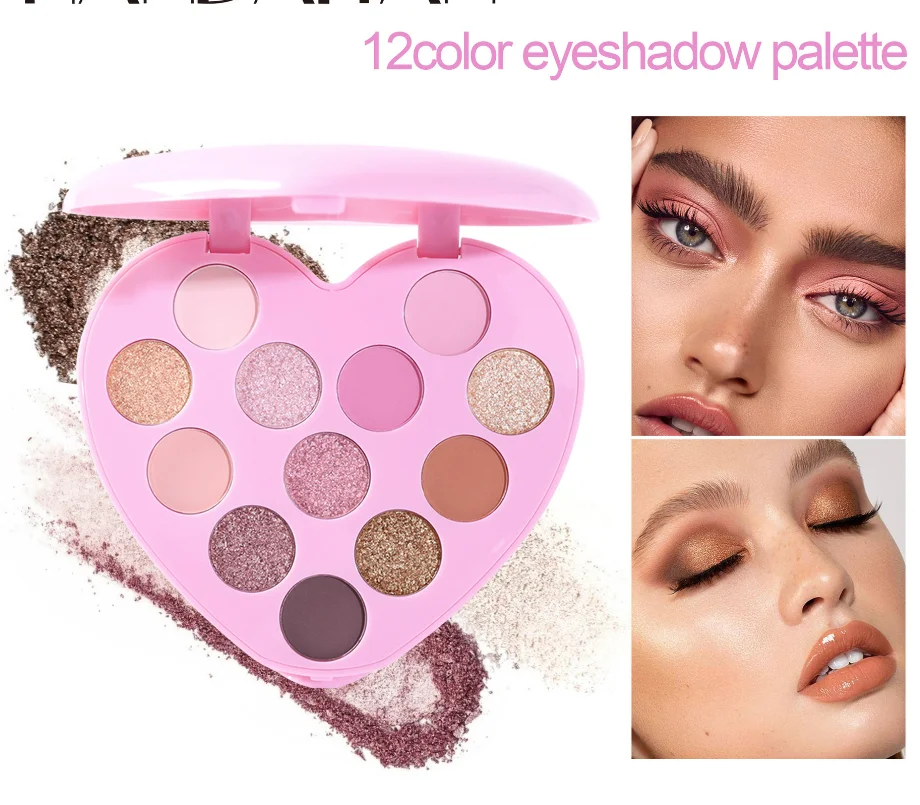 Herz 12Color Beauty Glazed Professional Soft Glam Matte Glitter Lidschatten-Palette Langlebiges Make-up Lidschatten T1326