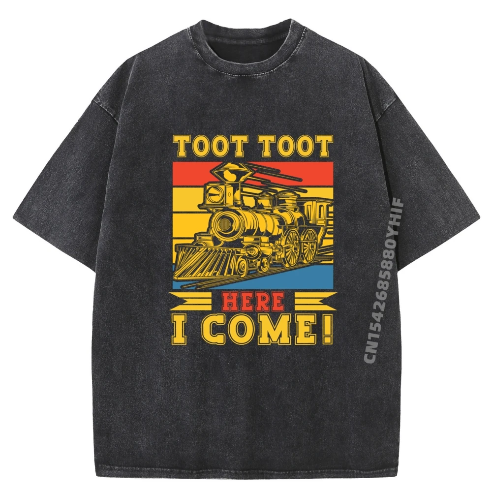 

Newest Graphic Tees Funny Train Railroad Lover Vintage T Shirt Men Fashion Washed Camisa Mens Clothing Printed Tops