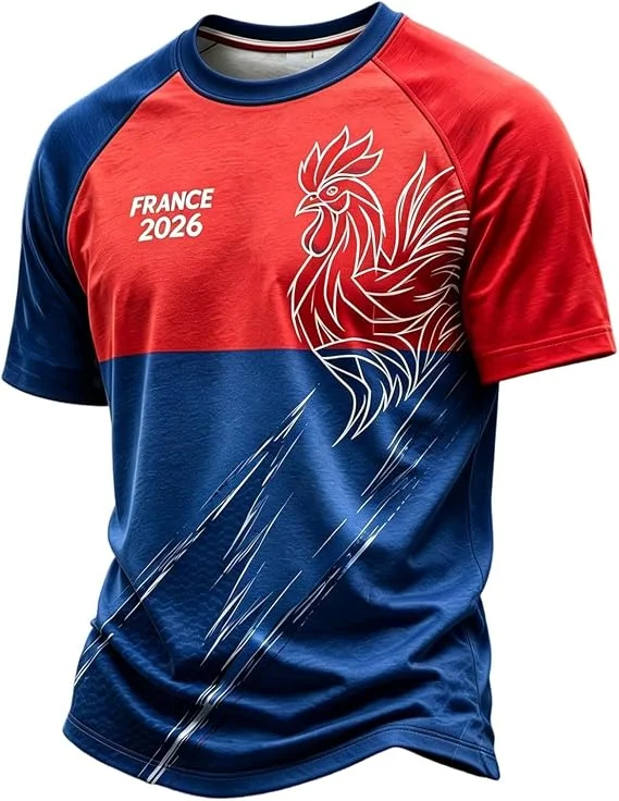 France 2026 Simple Line Gaul Rooster Football T-shirt Red Blue Color Blocked Roland Short Sleeve Fan T-shirt