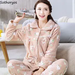Winter Pajama Sets Women Single Breasted Tops Ankle Length Pants Thicker Cozy Nightwear Flannel Floral Warm Lounge Trendy Casual