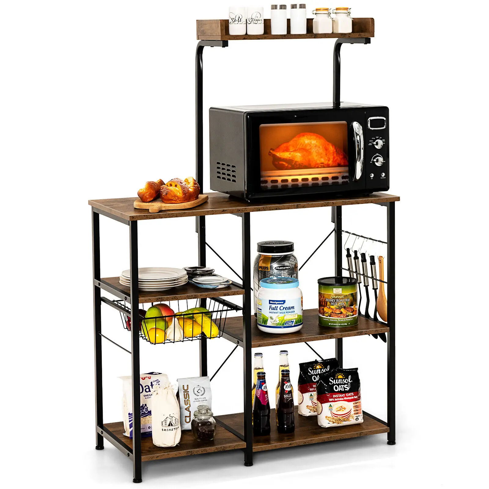 Costway 4-Tier Kitchen Baker's Rack Microwave Stand w/Basket & 5 Hooks Rustic Brown