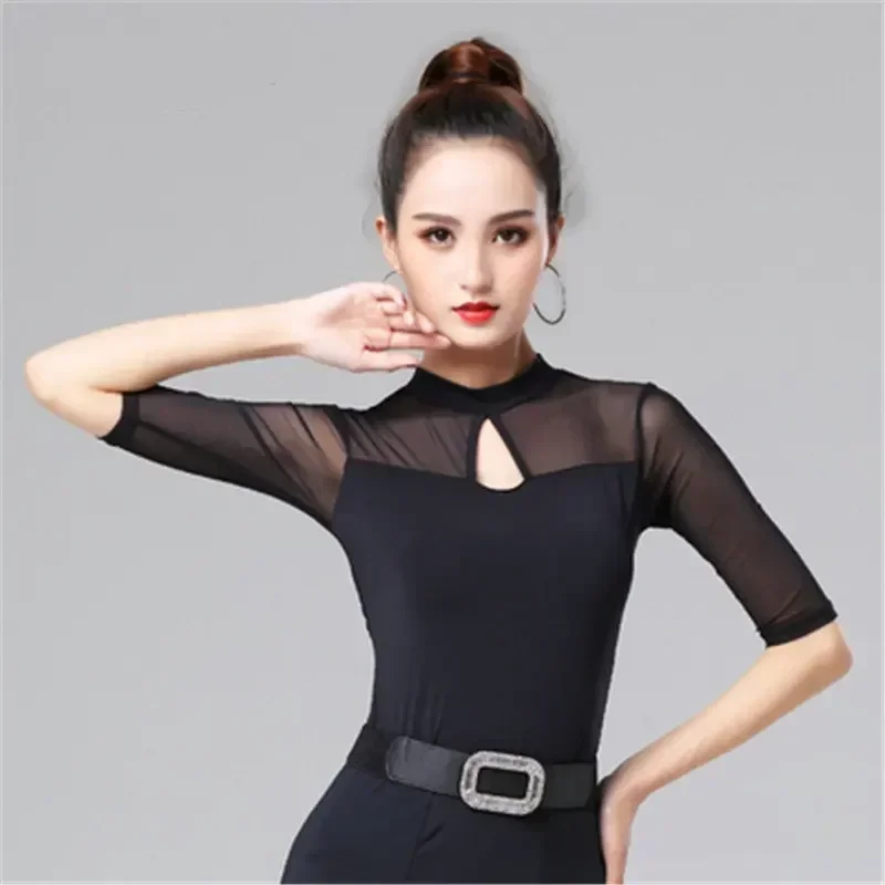 

Modern dance top women's national standard dance mesh sleeves Latin dance costume tops competition performance practice clothe