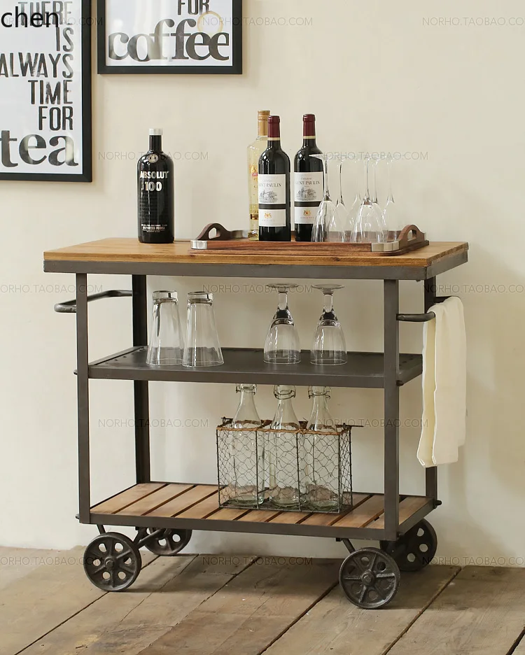 HT Iron Art Solid Wood Vintage Dining Cart Wine Water Tea Trolley Mobile Kitchen Storage Rack Three-Layer Small Cart Sideboard
