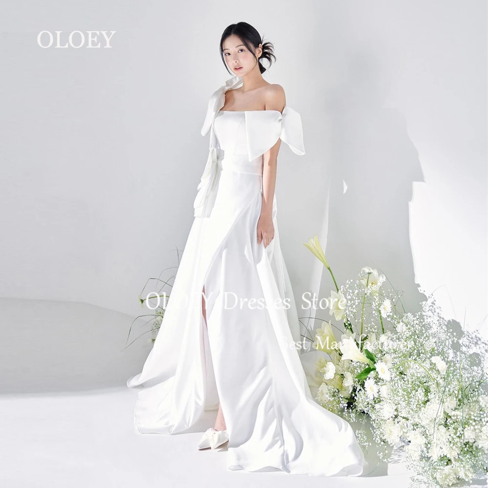 

OLOEY 2025 New A Line Long Wedding Dress Korea Photoshoot Pleats Satin Bows Bridal Gown Side Slit Pure Ivory Custom Made