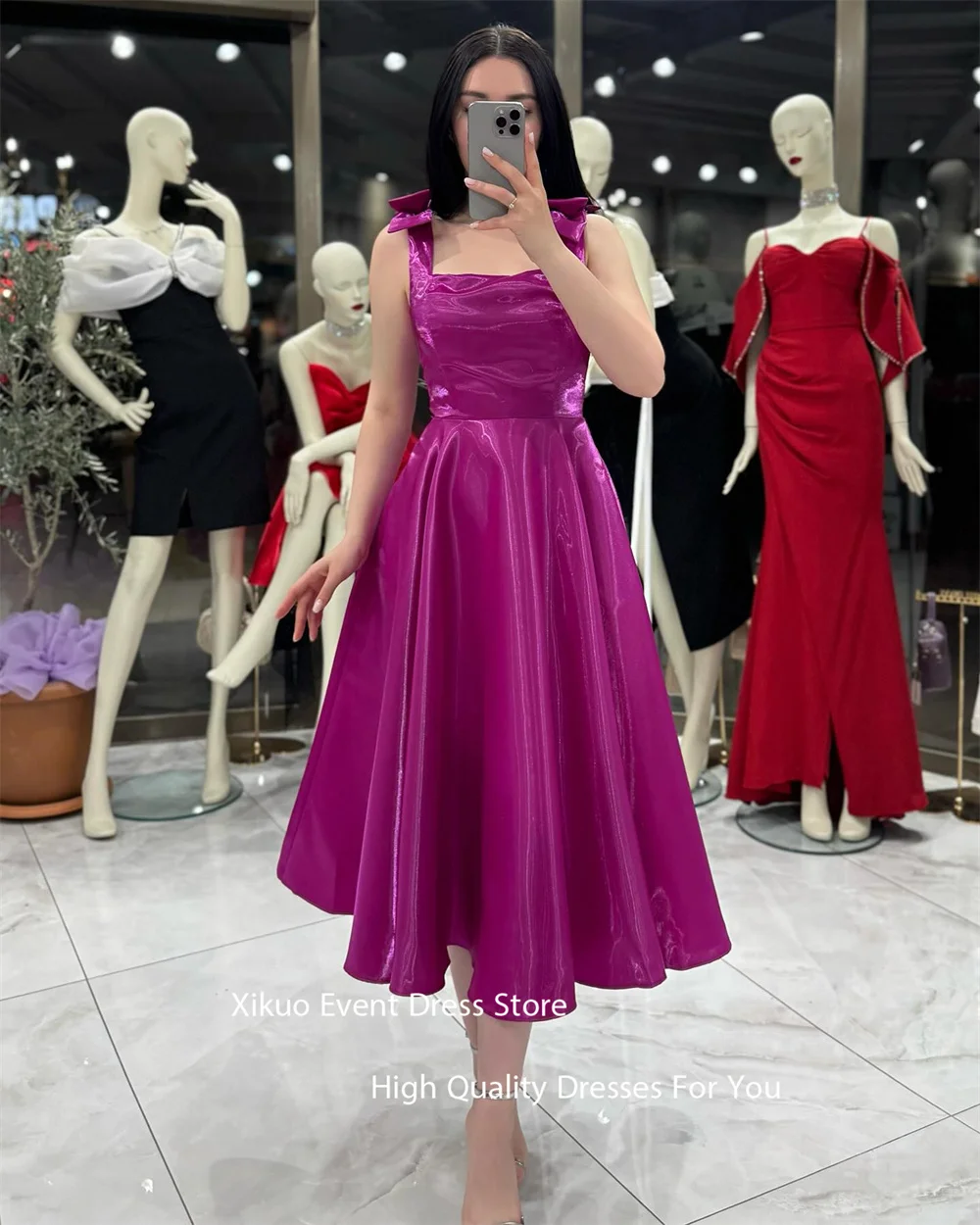 فستان سهرة أنيق باللون الأزرق الداكن من Xikuo بفتحة رقبة مربعة من Vestidos Largos بفيونكة لامعة بدون أكمام من Vestidos De Fiesta Mujer مخصص