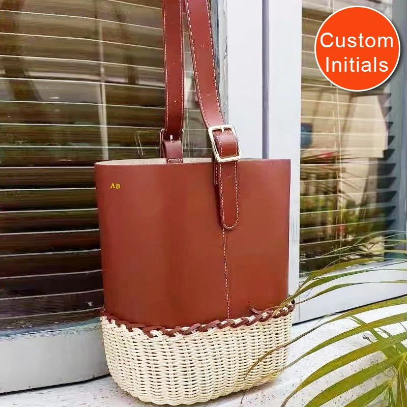 

Сумки-ведра из натуральной кожи с инициалами на заказ для женщин, роскошная дизайнерская сумка-кошелек, новинка 2025 года, из воловьей кожи, тканого уксуса на плечо