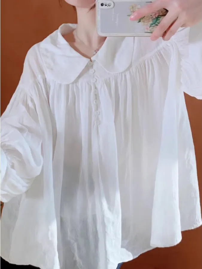 

Весенне-осенний хлопок и лен, длинный кукольный воротник-фонарь Sve irt, женский свободный крой, универсальный, стандартной длины