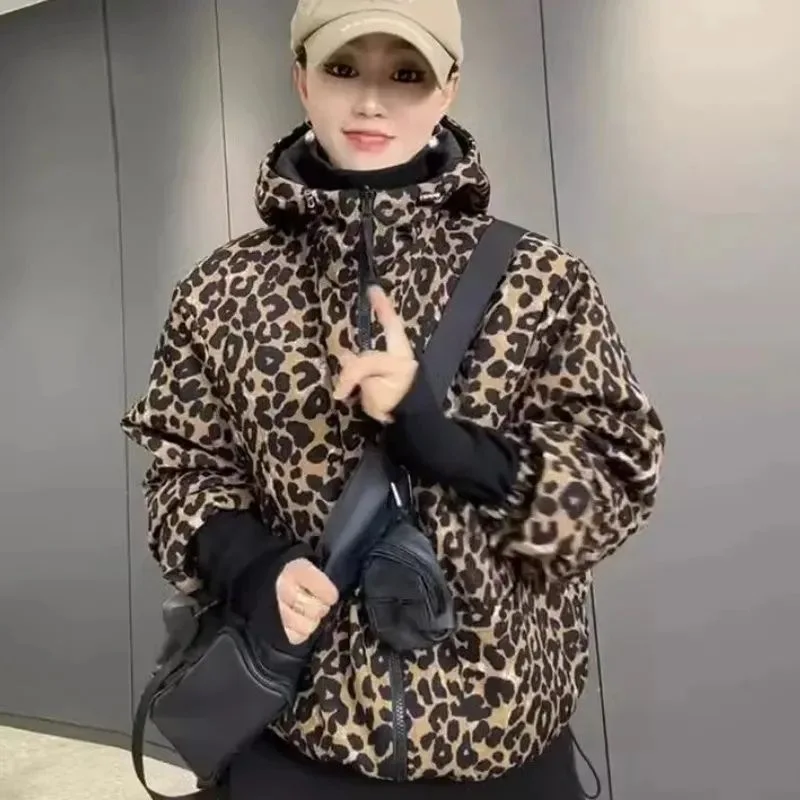 

Autumn Winter Thicken Cotton Jacket Women 2025 New Fashion Loose Casual Cotton Coat Hooded Leopard Print Outerwear Female