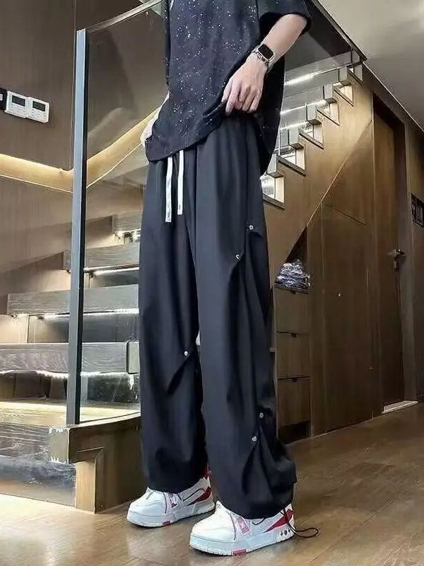 

Loose Casual Pants Men's Korean Sle Trendy Thin Wide Leg Floor Length Summer Pants Polyester Fiber mid Waist Elastic