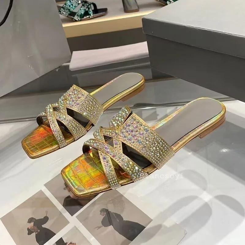 Slippers Women's Square Toe Hallow Outs Lazy Sandals Summer Fashion Shiny Rhinestone Flat Slippers Outdoor Vacation Beach Shoes