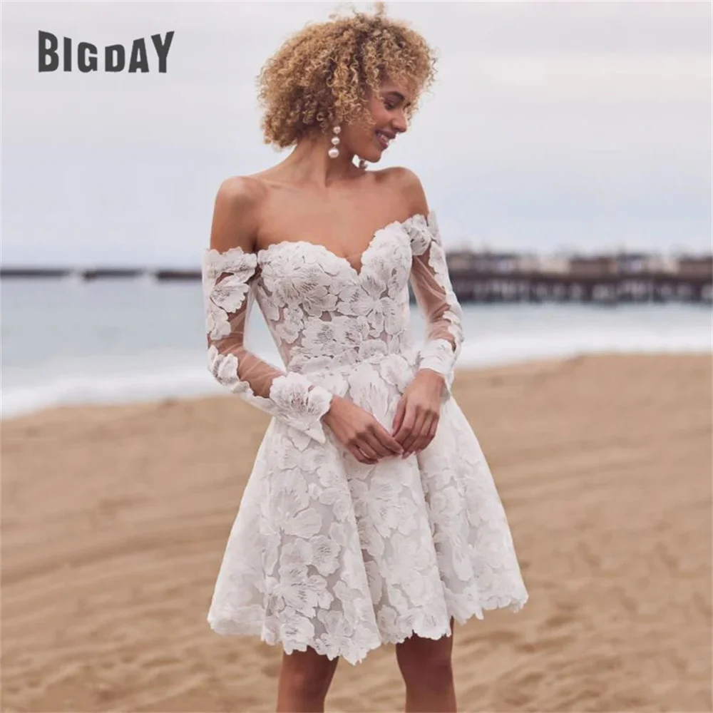 

Elegant Lace Short Wedding Dresses Long Sleeve Off The Shoulder Sweetheart Open Back Bridal Gown Vestidos De Noiva Customized