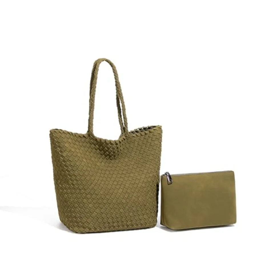 

Woven Suede Shoulder Bag Tote Set for Women Handwoven Suede Tote with Matching Pouch Casual Soft Woven Handbag