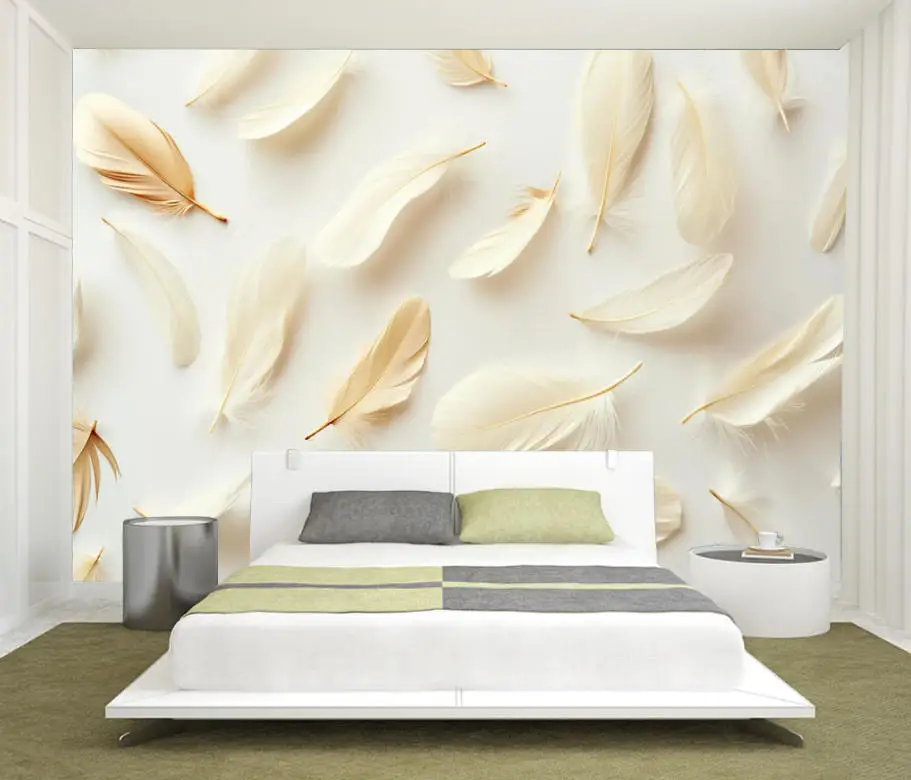 Customized Mural French mural white color feather Pattern Wallpaper Leaf Feather Bedhead Sofa Background wallpaper for walls