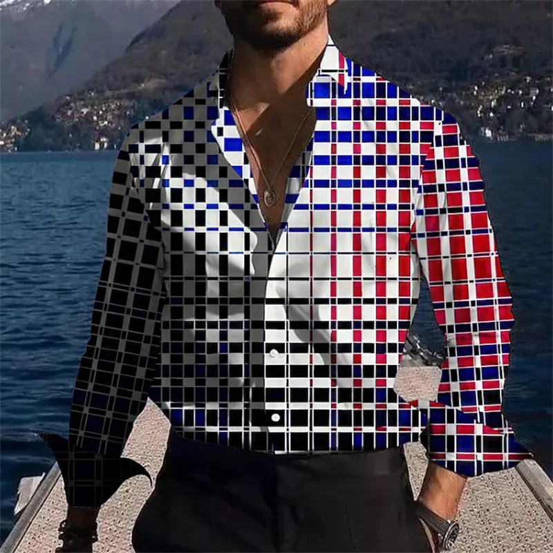 

Men's shirt summer long sleeve color block lapel outdoor street buttoned clothing fashionable casual breathable and comfortable