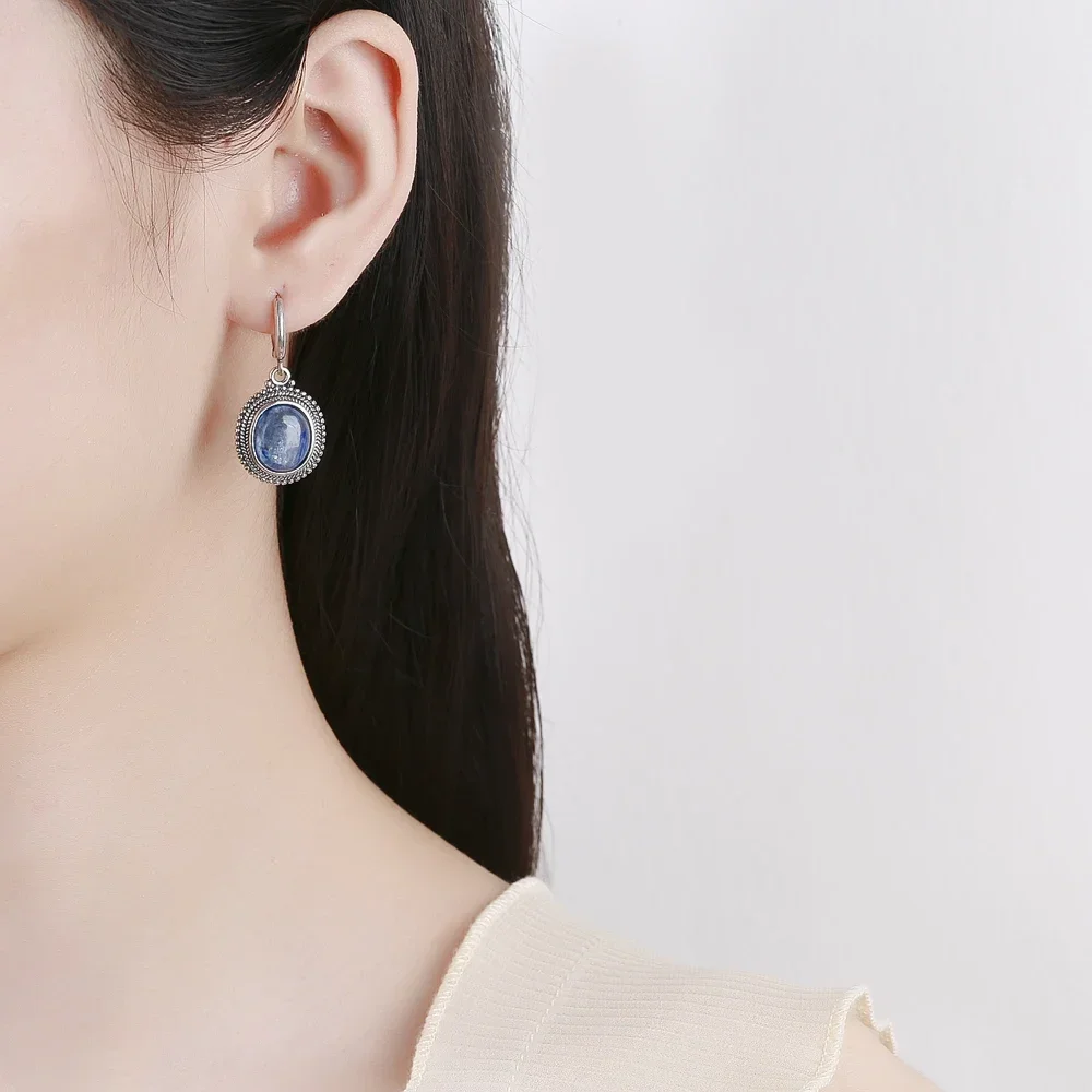 925 Sterling Silver Earrings Vintage Oval Kyanite Women\'s Gemstone Fine Jewelry Party Engagement Gift Hoop Earrings