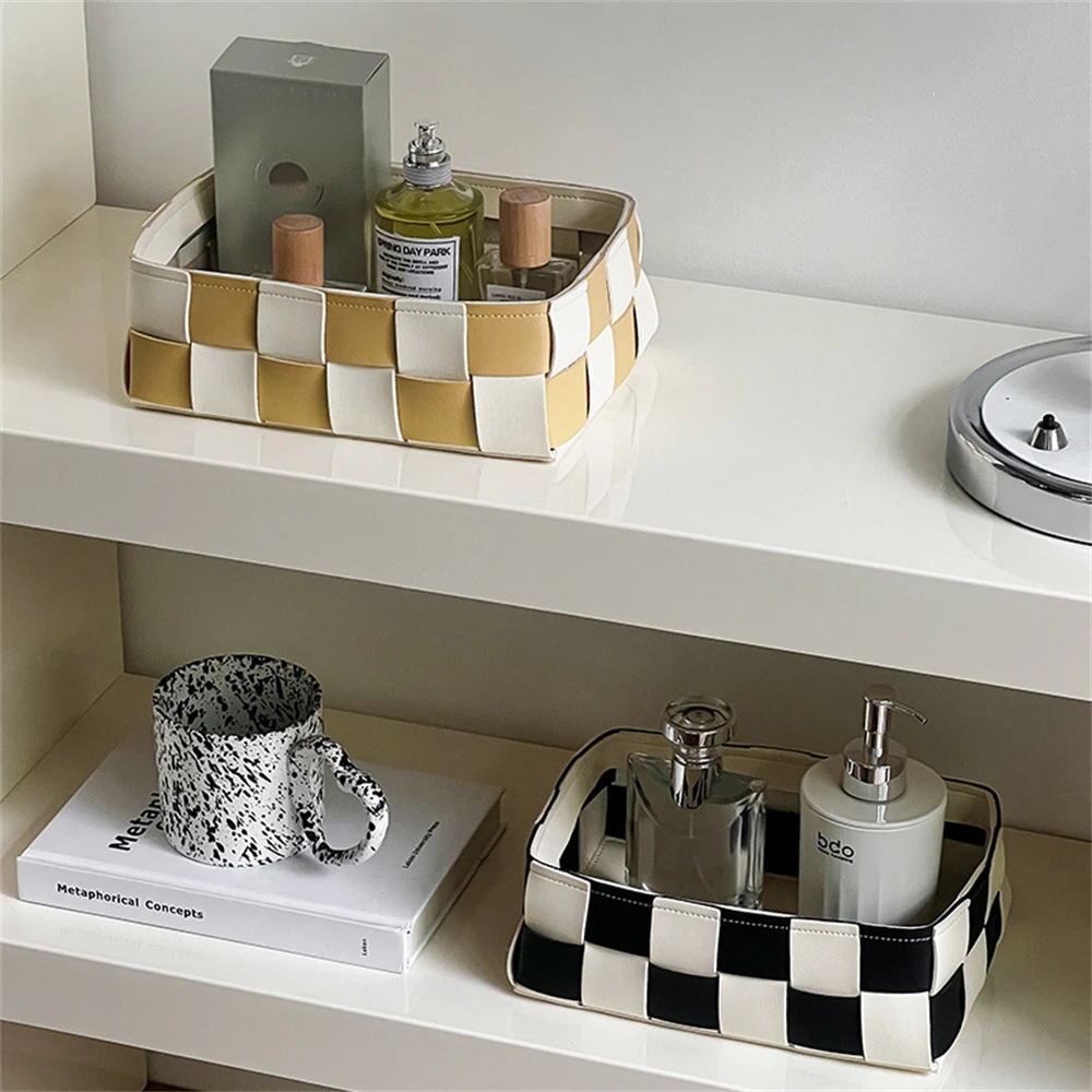 Multipurpose Desktop Storage PU Leather Grid Organizate Basket Cosmetic Capacity Box Home Office Cabinet Drawer Storage Tray