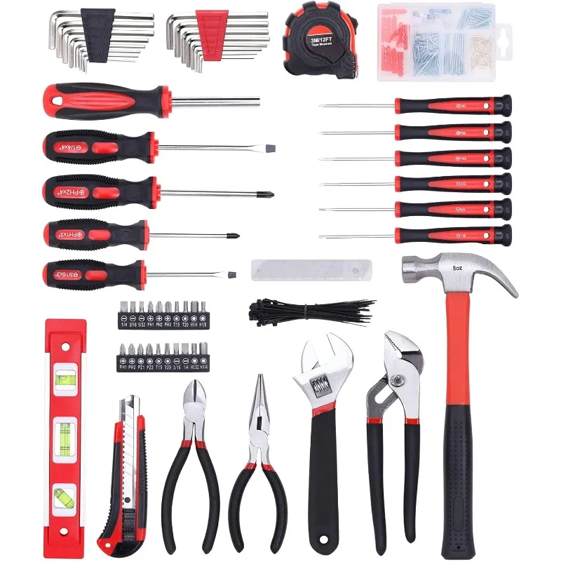 215-Piece Home Repairing Tool Set with 12-Inch Wide Mouth Open Storage Bag,Household Hand Tool Kit,Red