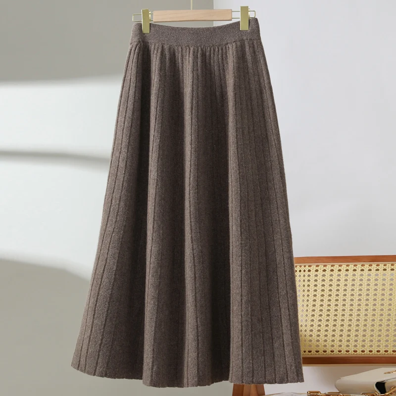100% Merino Wool Long Thickened Pleated Knitwear Skirt Women's Autumn Winter Gentle Lady Preppy Chic Grace Style Wool Skirt