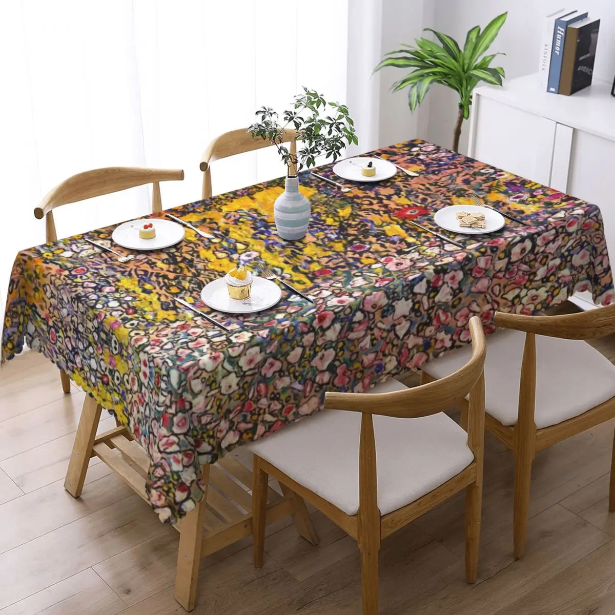 Custom Rectangular Waterproof Gustav Klimt Flowers Art Table Cover Painting Art Colorful Gold Table Cloth Tablecloth for Picnic