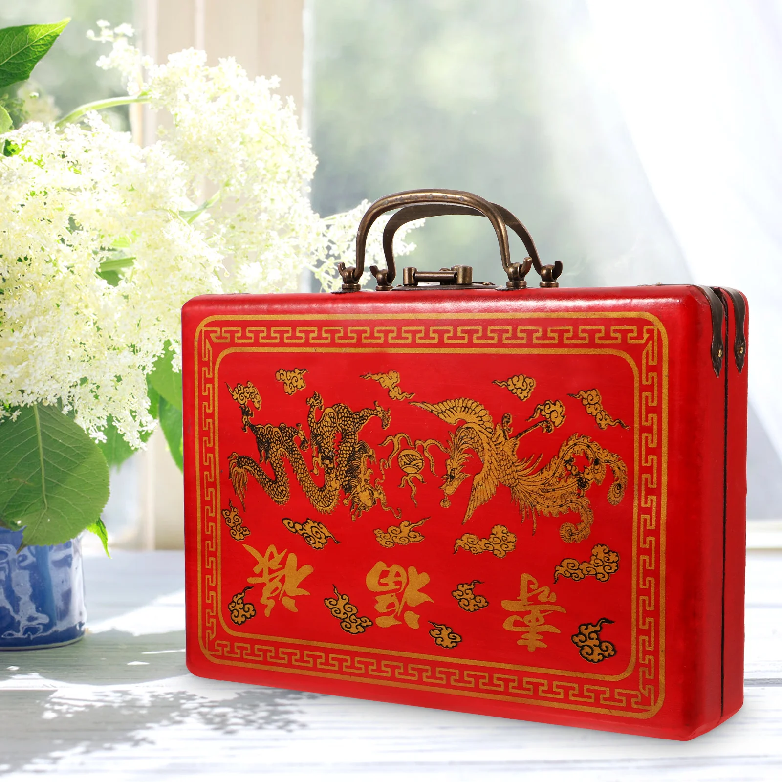 

Mahjong Box Retro Wooden Container Phoenix Portable Gift Storage Household Multi Functional Box