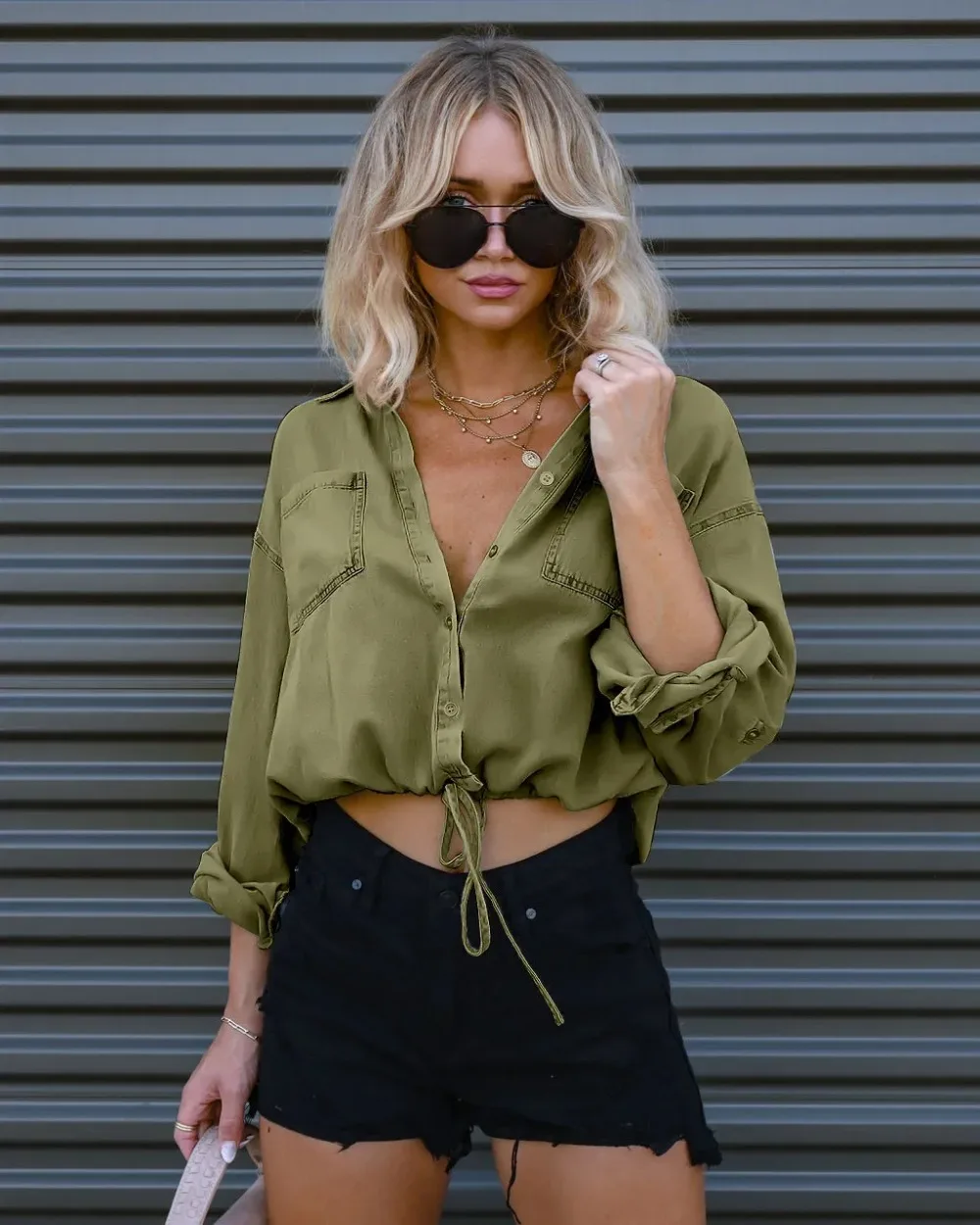 Women's Full Sleeve Denim Shirt, Turn Down Collar, Drawstring Loose, Casual, Regular Button Pockets, Splice Short Shirts, Autumn