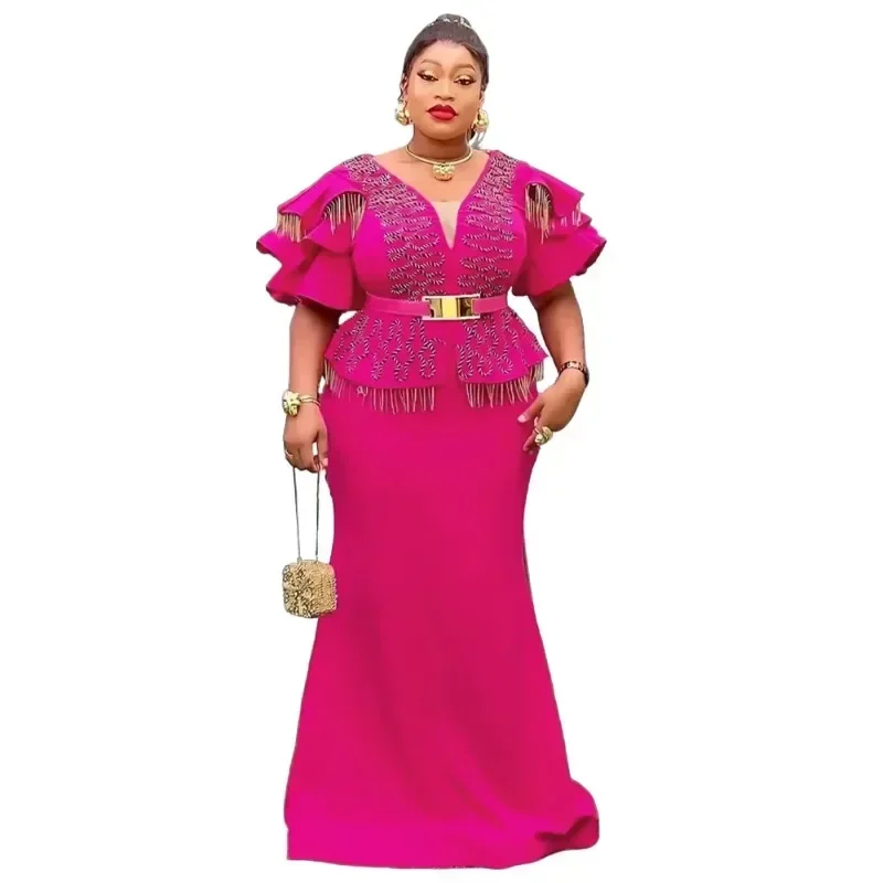 Vestidos de fiesta de boda africanos elegantes de talla grande para mujer otoño africano con cuello en V vestido largo de noche trajes de vestido de Navidad