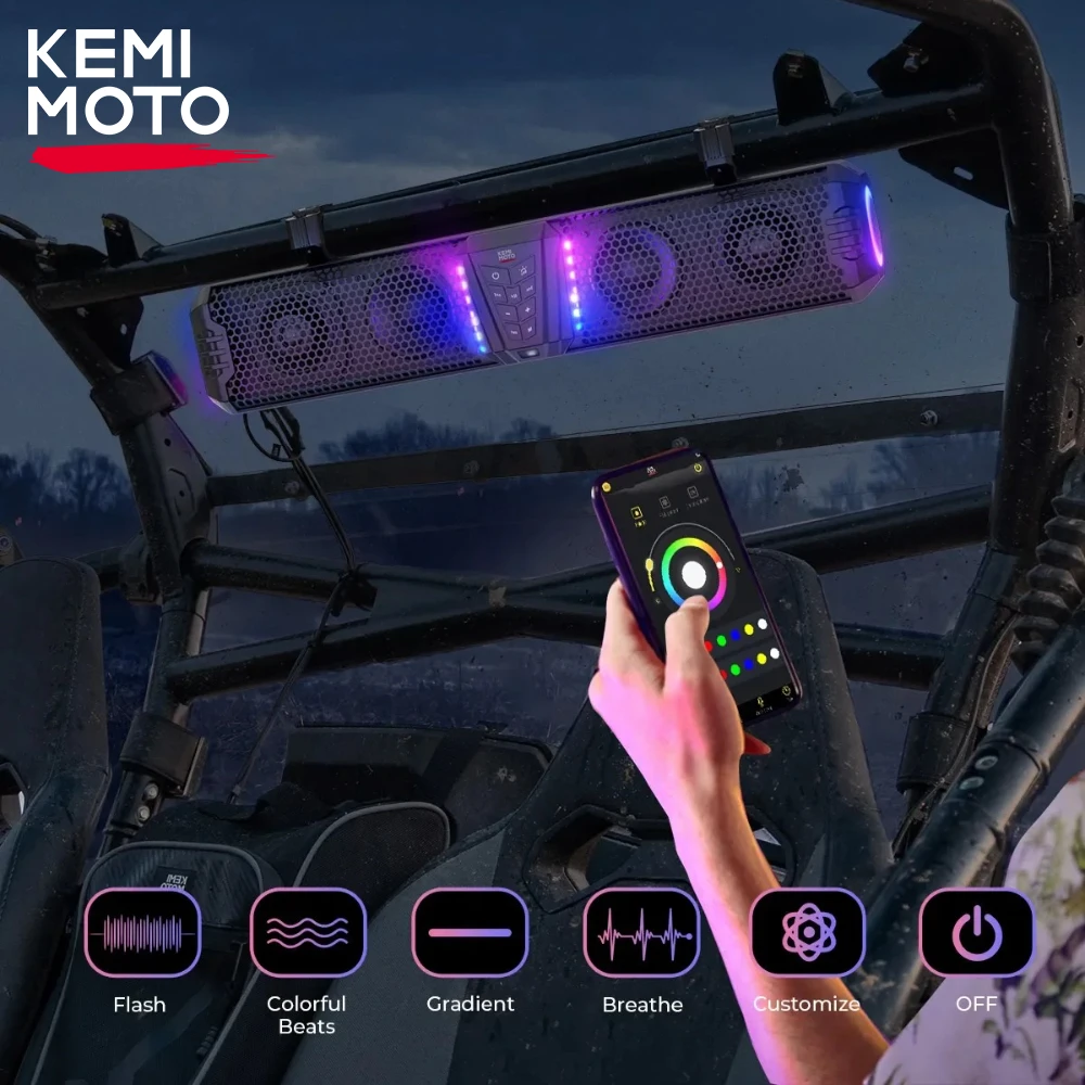 

UTV ATV Bluetooth Sound System Bluetooth with RGB for SxS Soundbar Fits 1"-2" Roll Bars Compatible with Polaris RZR for Can Am