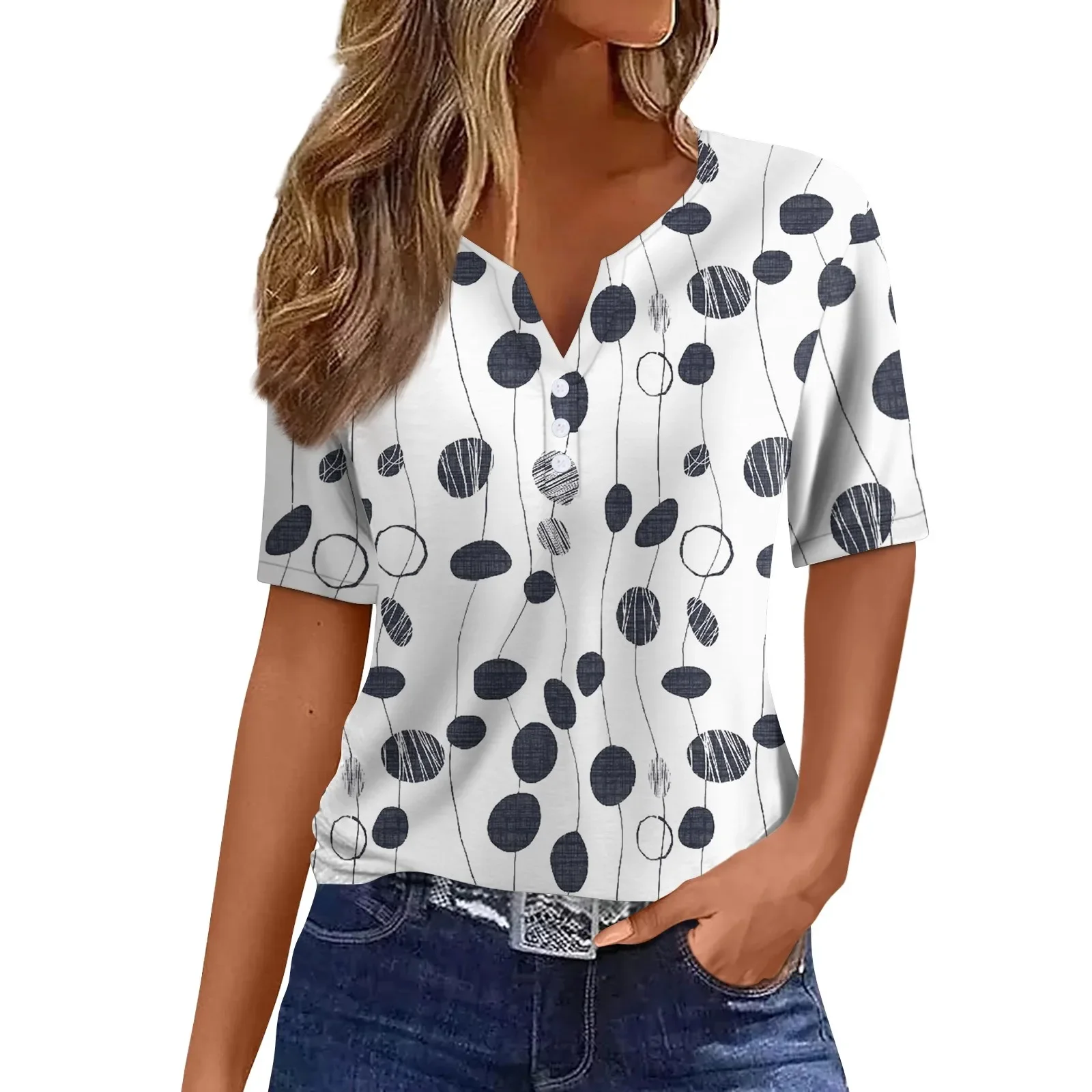 

Women's T Shirt Tee Print Button Short Sleeve Daily Weekend Fashion Basic V- Neck Regular Tops for Women Womens Tops and Blouses