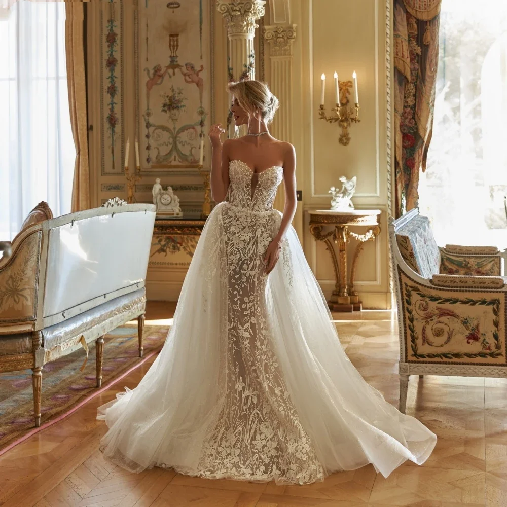 

Flavinke Customized Detachable Train Mermaid Bride Robe Appliques Bridal Dresses Glitter Pearls Wedding Gown Vestido De Novia