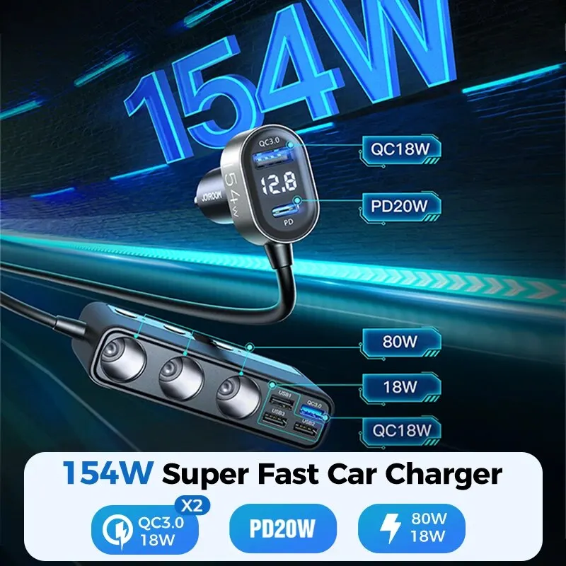 Joyroom 154W 9 in 1Car Charger Adapter PD 3 Socket Cigarette Lighter Splitter Charge Independent Switches DC Cigarette Outlet