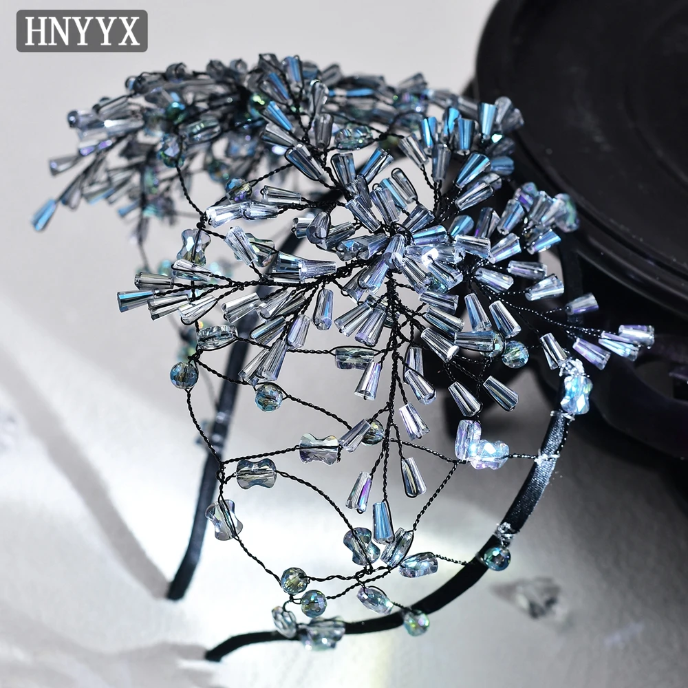 HNYYX Blue Crystal Crown Fashion Headband for Women Luxury Beaded Flower Hair Hoop Vintage Hair Accessories Wedding Tiara A112