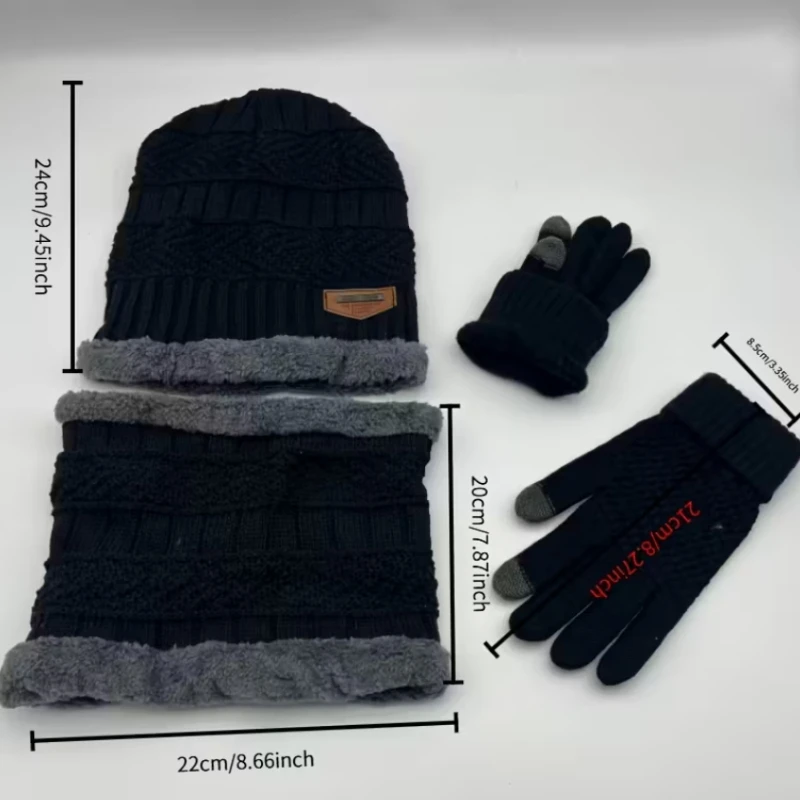 Conjunto de gorro y bufanda de invierno para hombre, acogedor gorro de punto con forro polar, guantes cálidos, bufanda a juego para actividades al aire libre, estilo informal