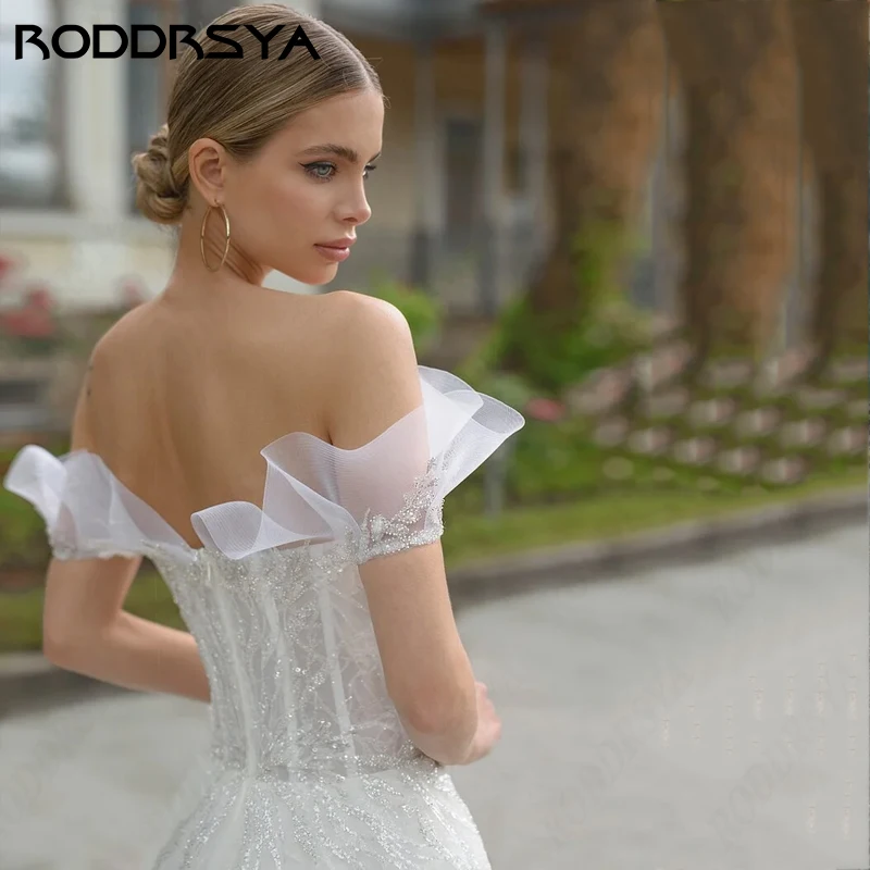 فستان زفاف كلاسيكي بأكمام قصيرة مكشكش من RODDRSYA مطرز بالترتر على شكل حرف a من الدانتيل Vestidos De Novia ذيل محكمة بسحّاب خلفي 2024 مطرز بالترتر على شكل حرف a من الدانتيل Vestidos De Novia ذيل محكمة بسحّاب خلفي 2024