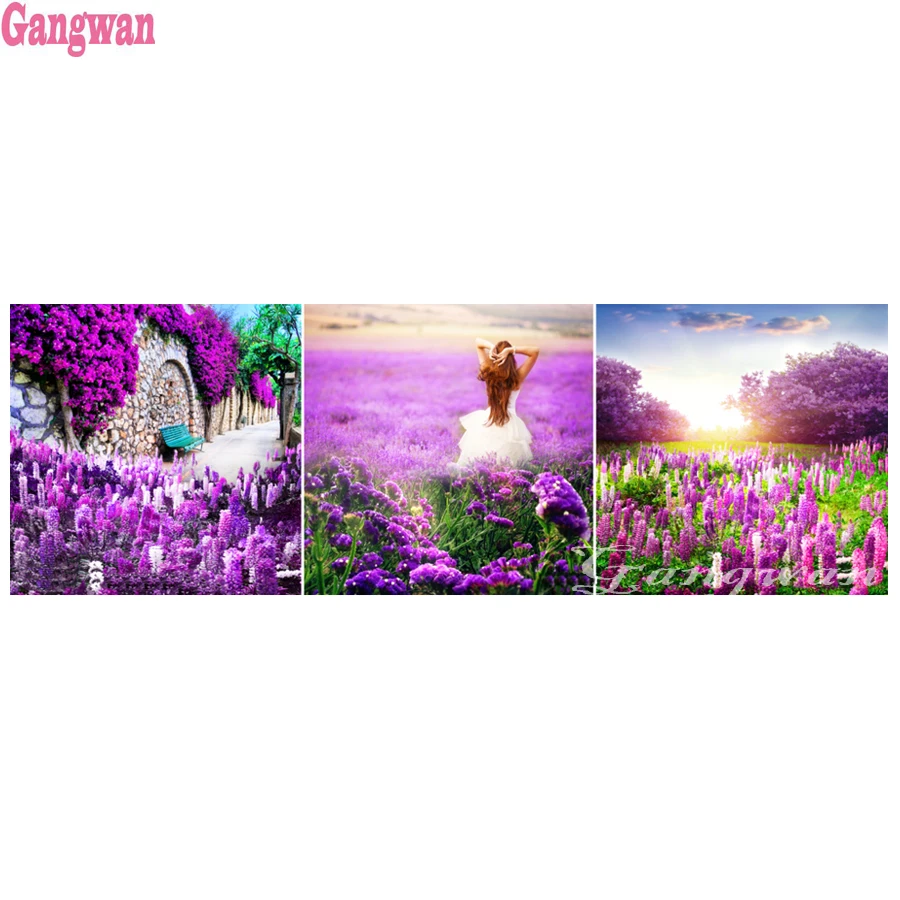 Diamond Painting Flowers garden Full Drill Square round Diamond Embroidery Lavender Picture Of Rhinestones 3 pcs Home Decoration