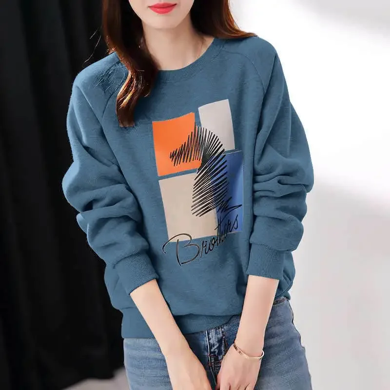 Cotton2023 New Style Loose-Fit Korean Version Versatile Sweatshirt Women's Early Autumn Round Neck Printing Top Wholesale