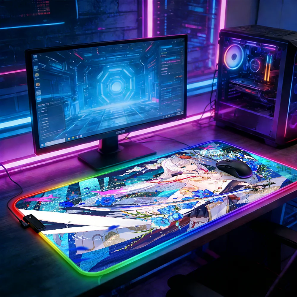 

LED Lighting RGB Mouse Pad E-sports Game Keyboard Pad Sword Girl Anime Deskmat Mousepad Gamer Pc Accessories Mats Mause Gaming