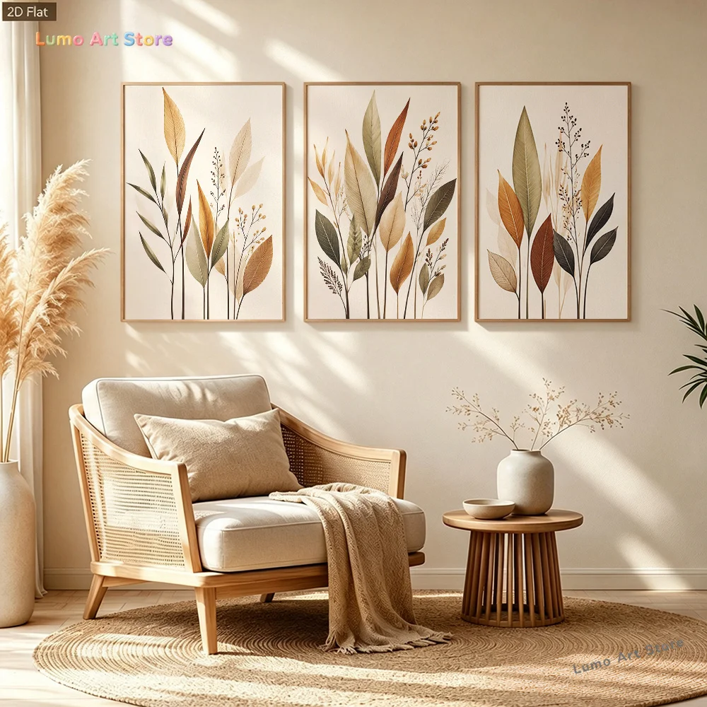 2D Flat, 2D/Flat 3pcs Minimalist Vintage Plant Wall Art, Nordic Style Morandi Color Dried Leaves Canvas Print, Artistic Wall