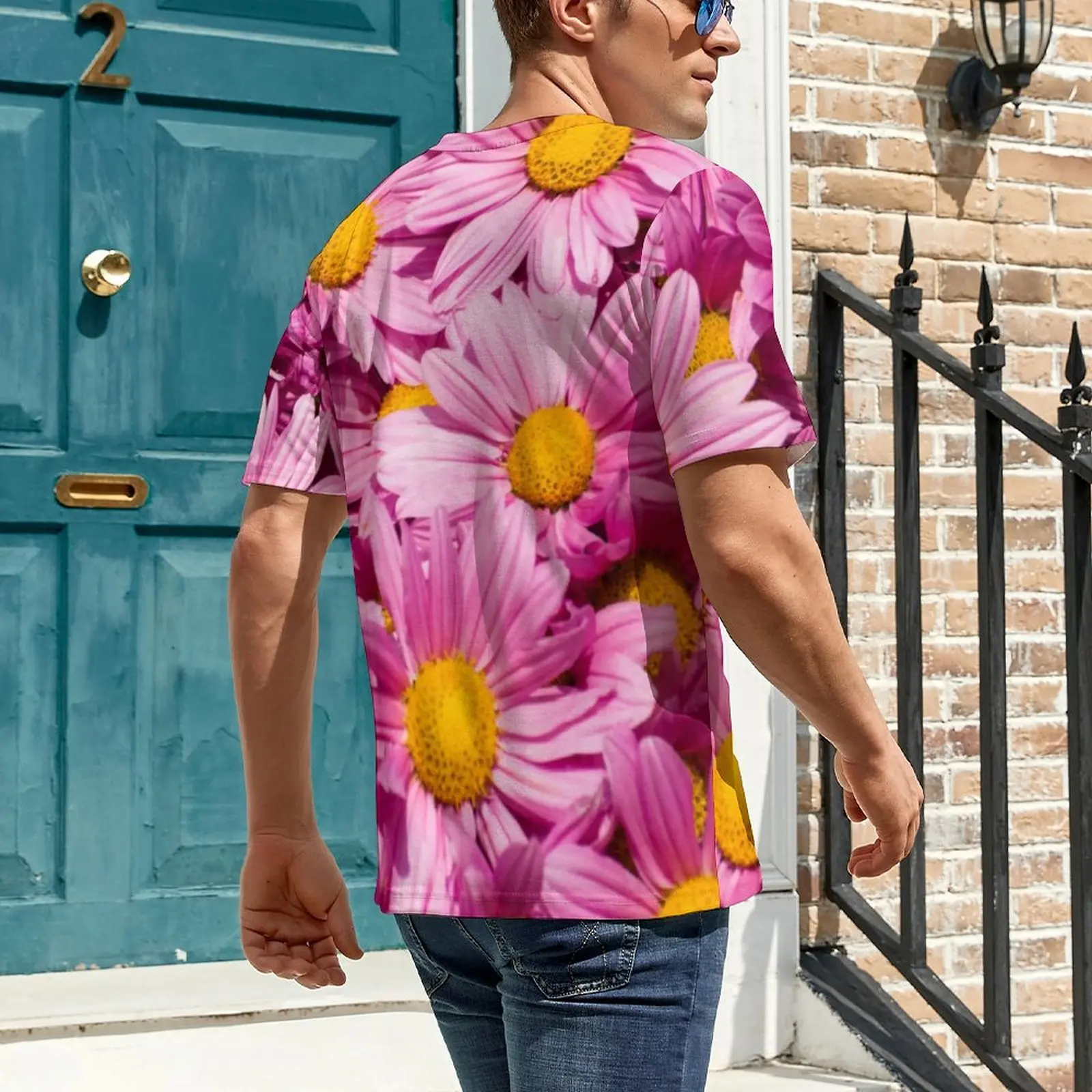 Men Pink Daisy Print T Shirt Beauty Floral Vintage T Shirts Short Sleeves Custom Tshirt Hot Sale Summer Casual Oversize Top Tees